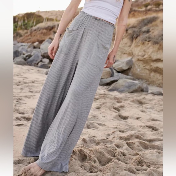 Free People Blissed Out Grey Ribbed Wide Leg Stretch Pants - Picture 4 of 11